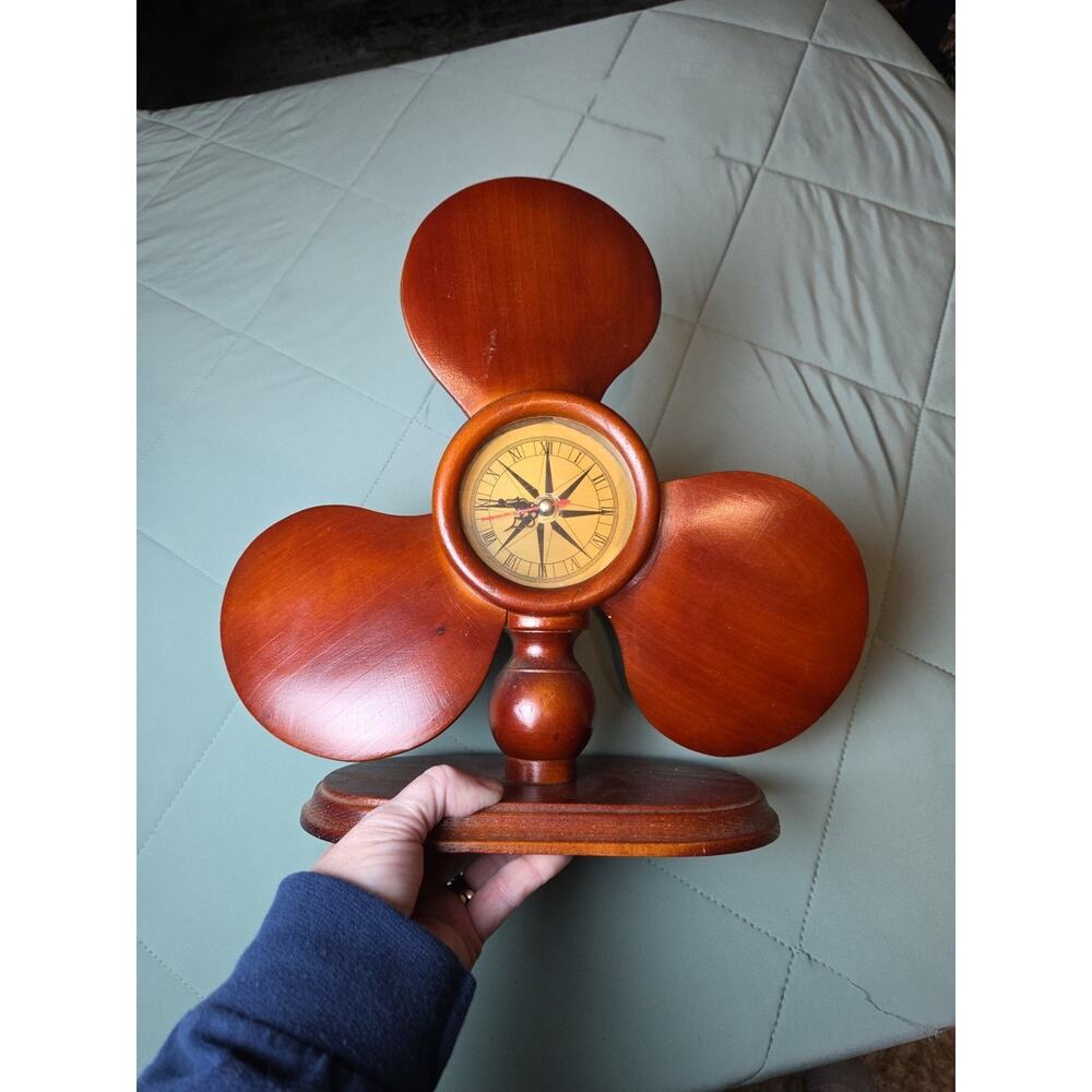 Vintage Compass Aviation Propeller Wooden Clock Nautical Desk Mantel 12"